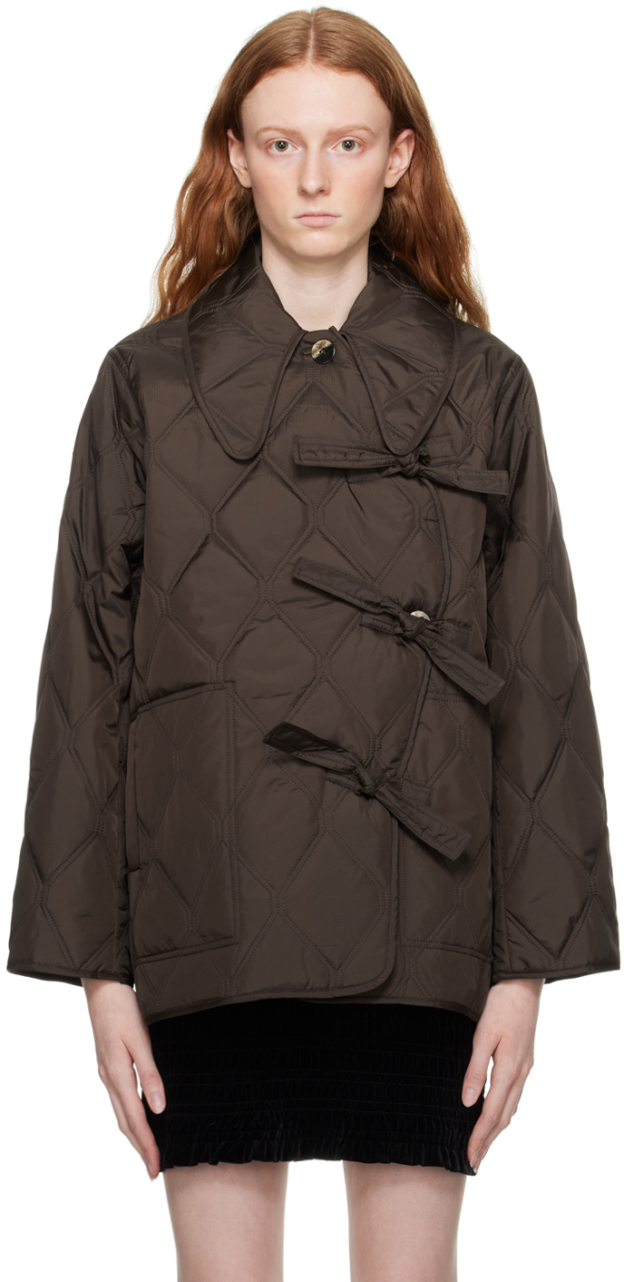 Ganni Quilted Collared Jacket In Brown