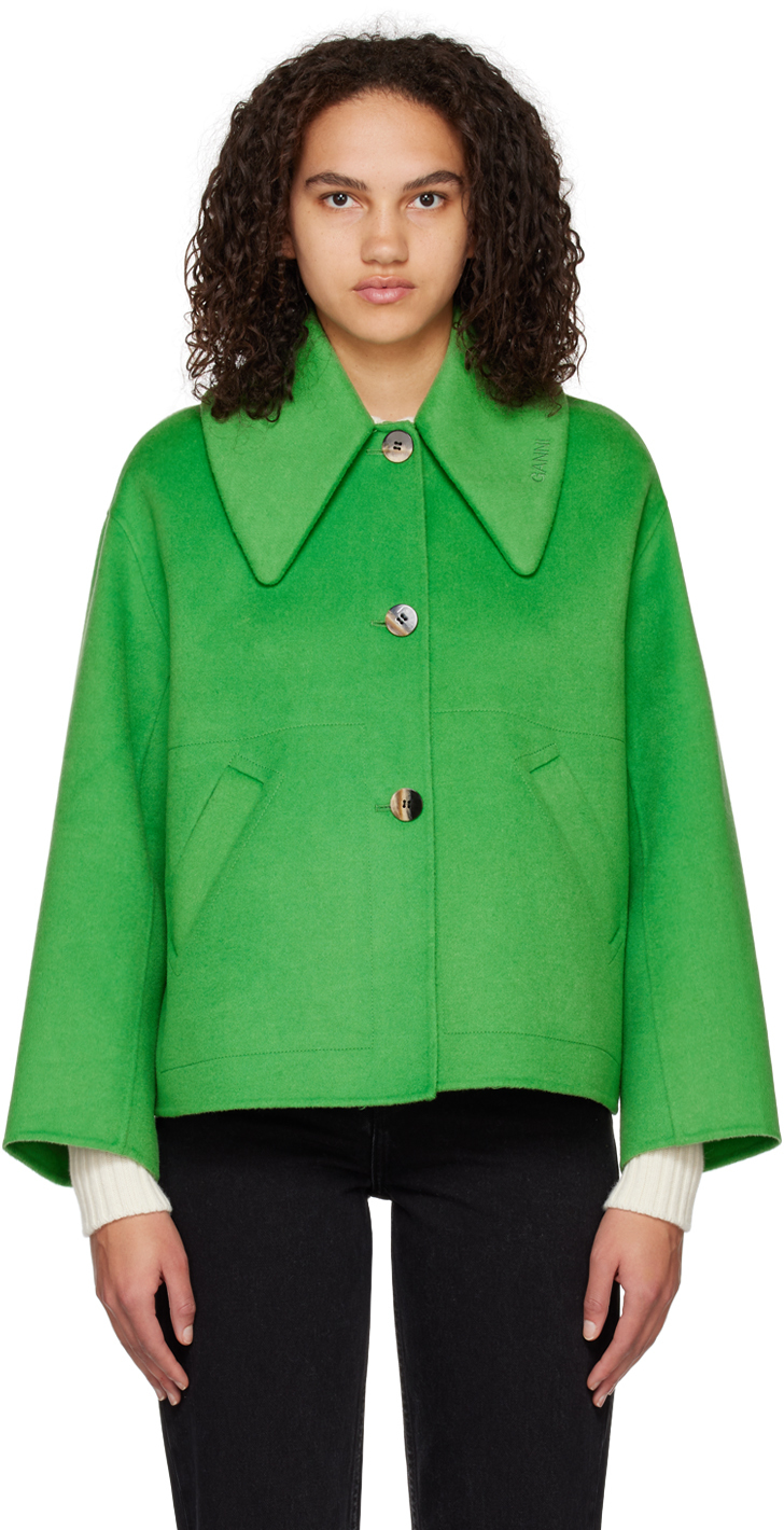 Shop Ganni Green Wide Collar Jacket In 801 Kelly Green