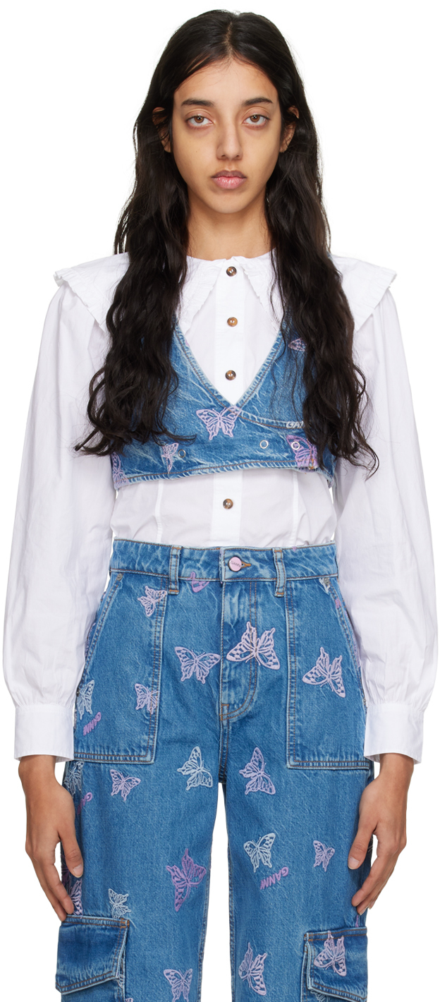 Ganni Butterfly Embroidery Washed Denim Cropped Vest In Blue