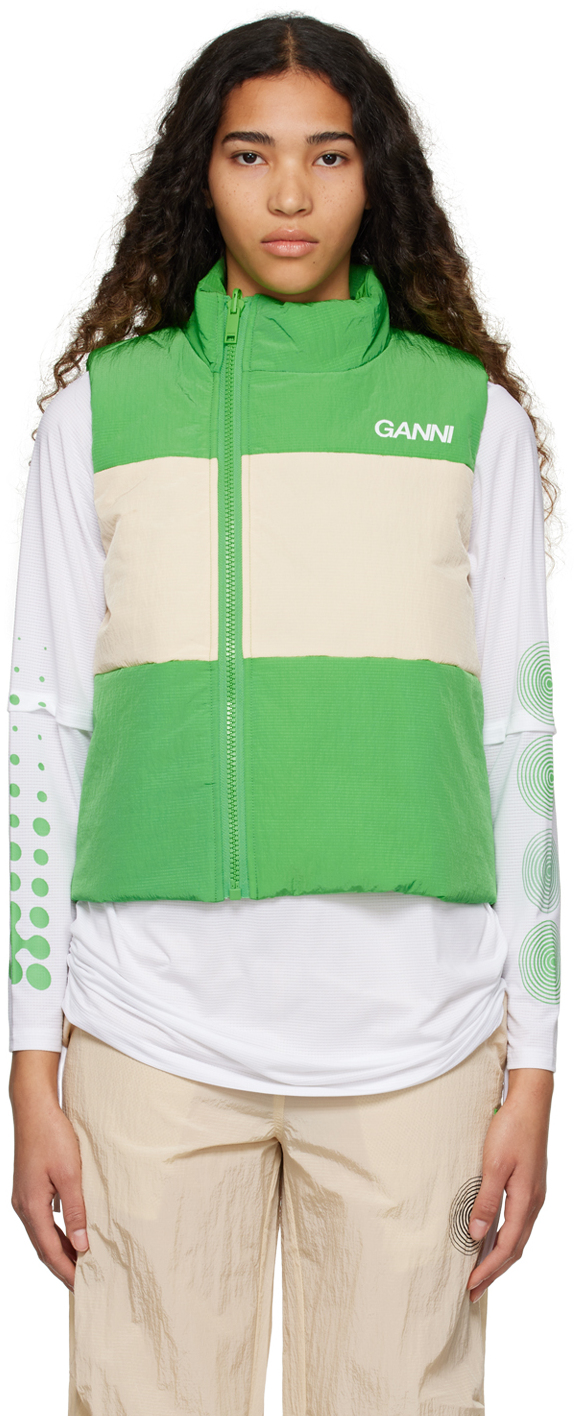 Ganni Two-tone Recycled-ripstop Vest In Classic Green