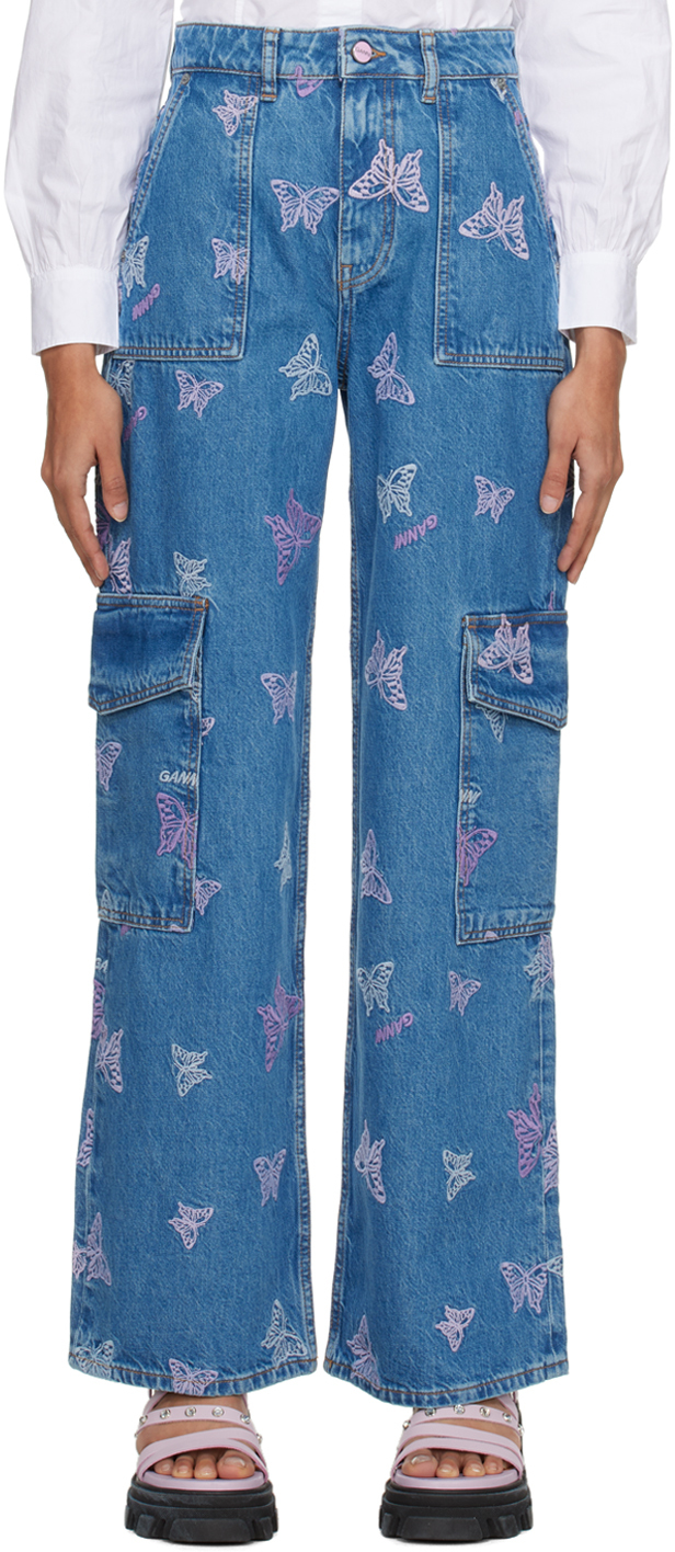 Ganni Embroidered Cotton Denim Straight Jeans In Blue