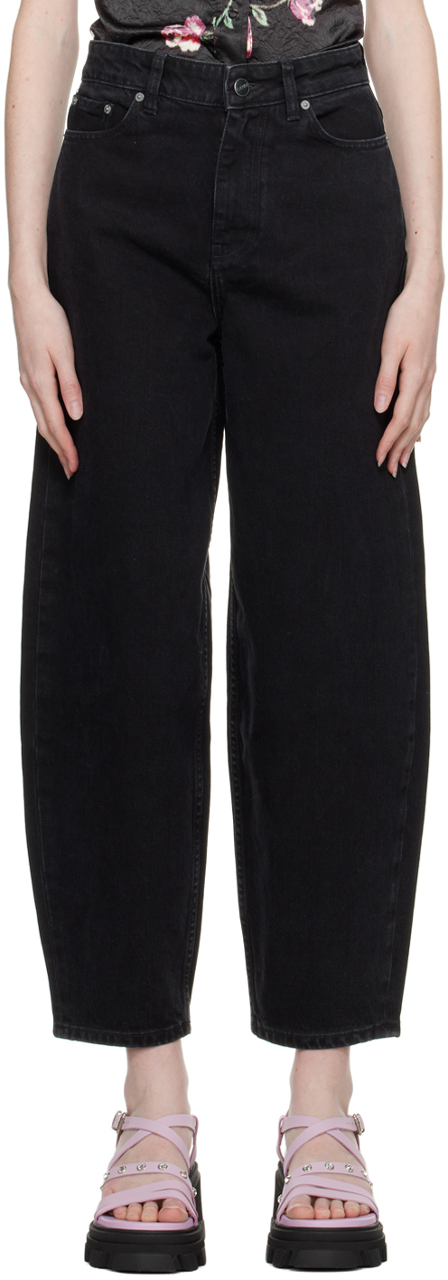 Ganni Black Pants With High Waist And Logo Patch On The Rear In Cotton Woman