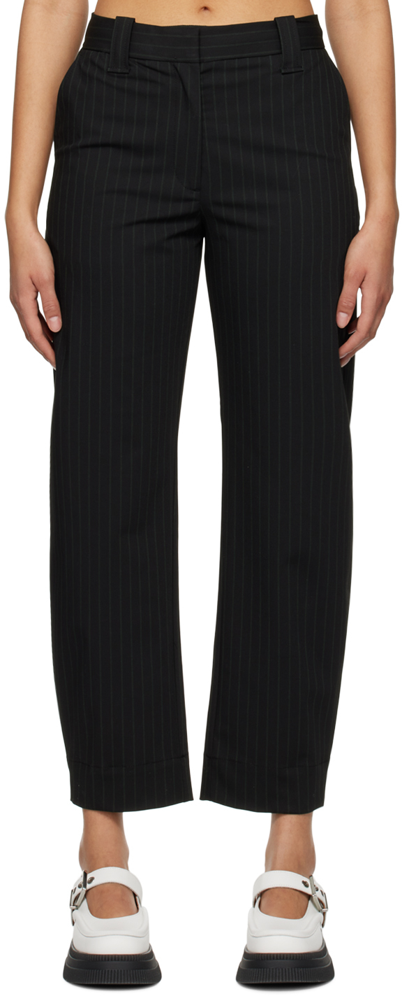 Ganni Stripe Mid Waist Trousers In Black