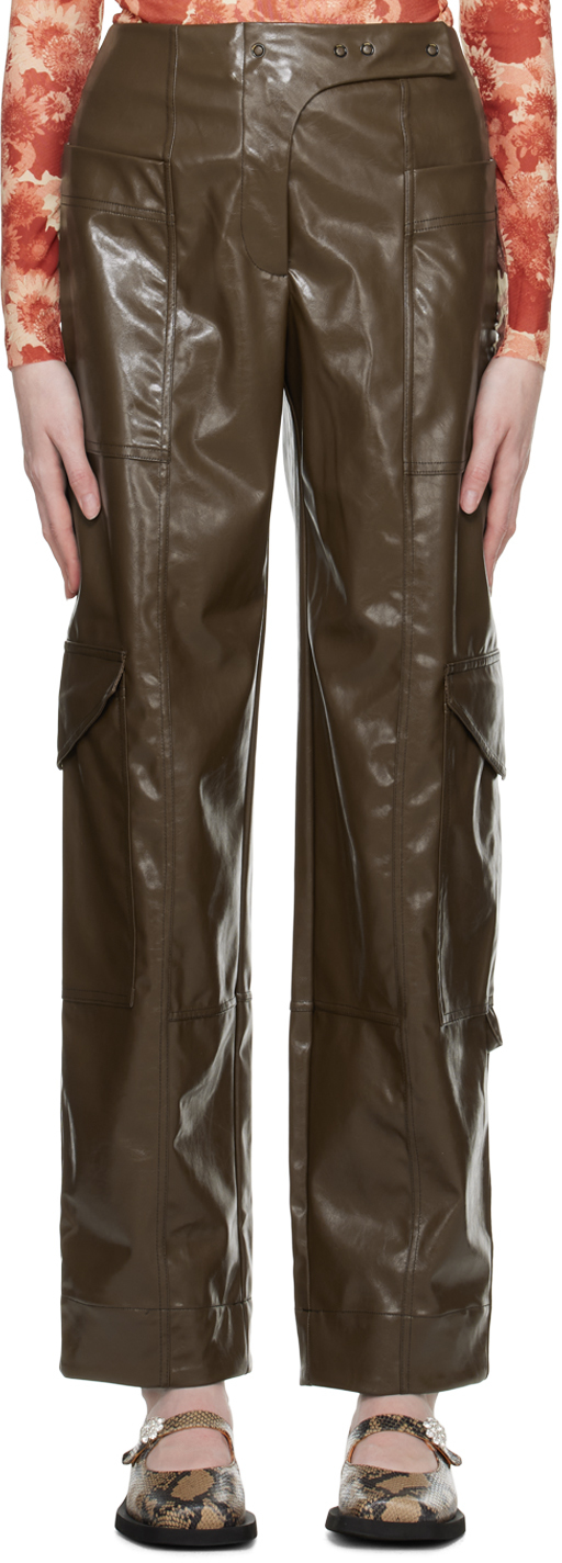 Shop Ganni Brown Patent Faux-leather Trousers In 377 Teak