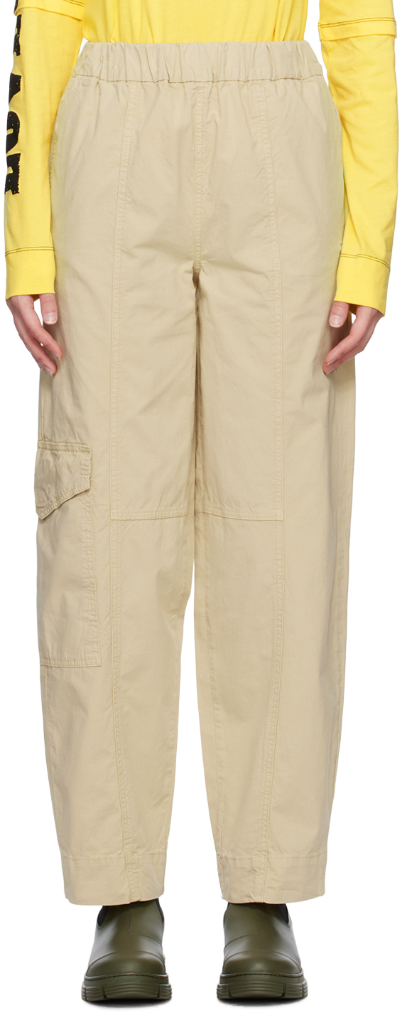 Ganni Washed Cotton Canvas Elasticated Curve Trousers In Pale Khaki