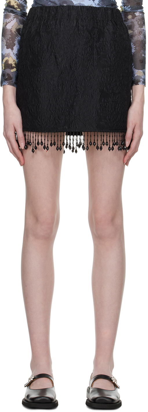 Ganni Black Beaded Fringe Miniskirt In 099 Black