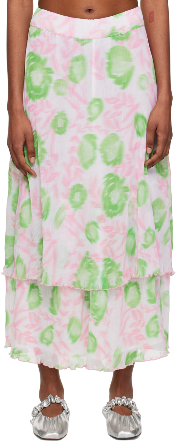 Shop Ganni Pink & Green Layered Midi Skirt In 545 Pink Tulle