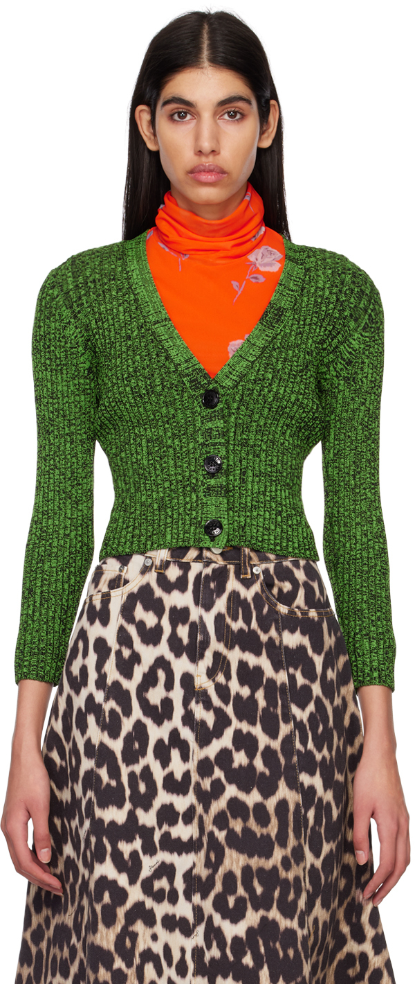 Ganni Green Cropped Melange Knit Cardigan