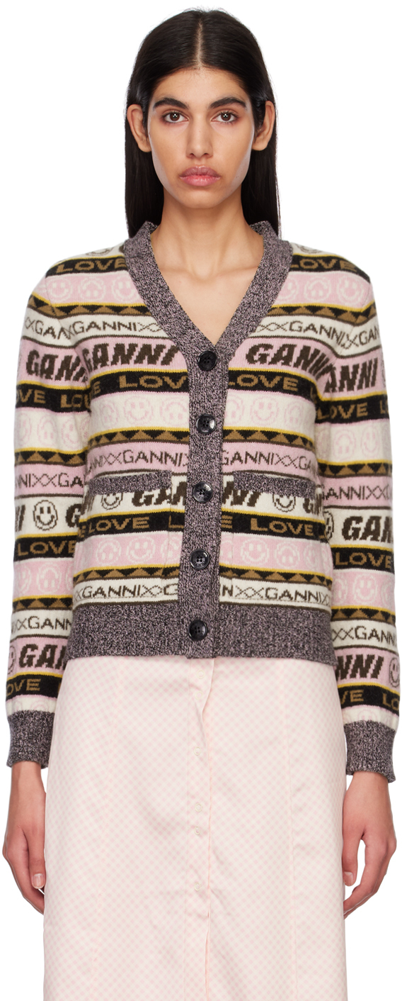 Ganni Logo Striped Wool-blend Cardigan In Neutrals