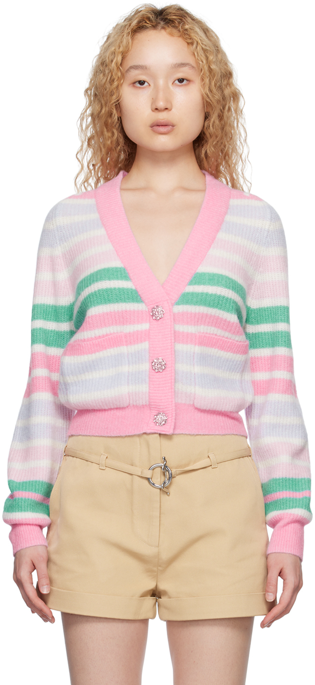 Ganni Striped Wool Cardigan In Pink