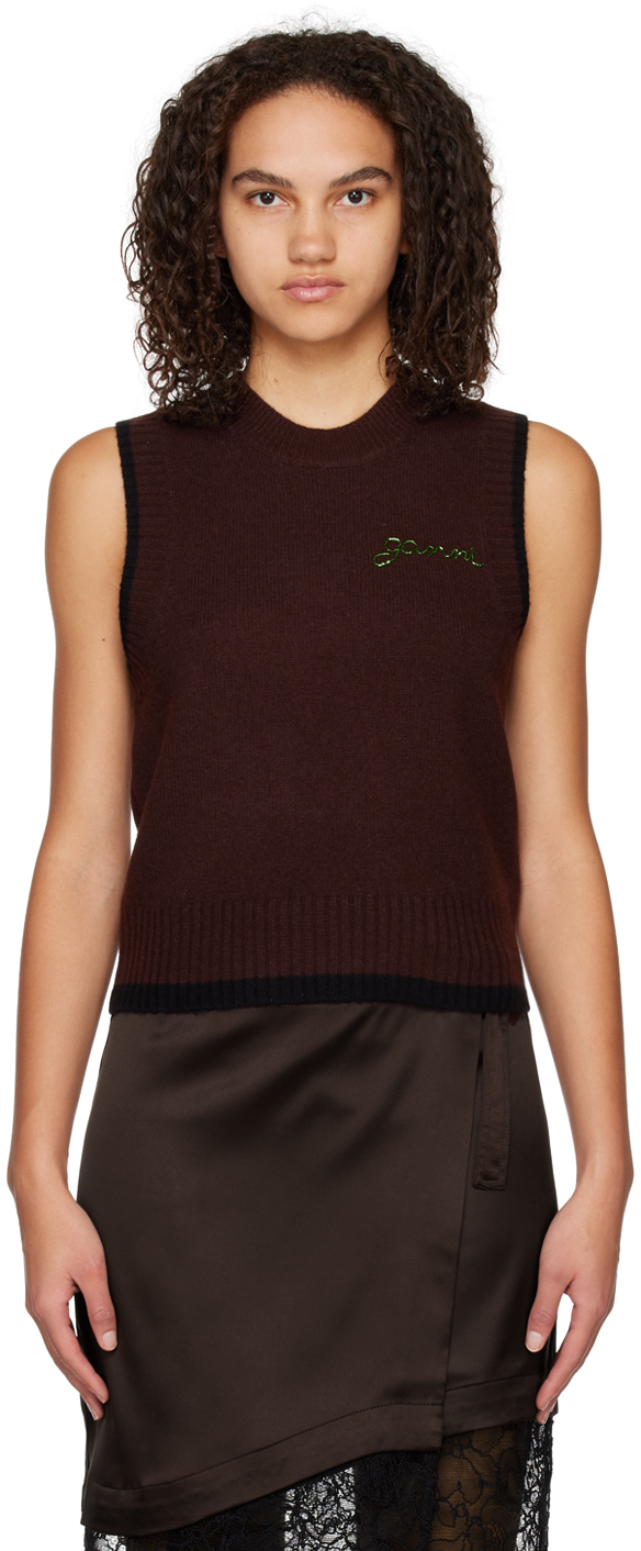 Ganni Beaded Logo Knitted Vest In Brown