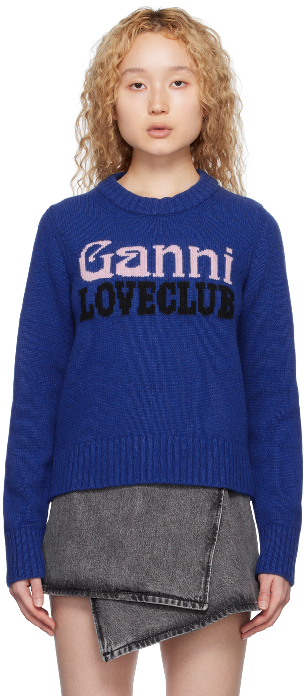 Shop Ganni Blue Jacquard Sweater In 799 Strong Blue