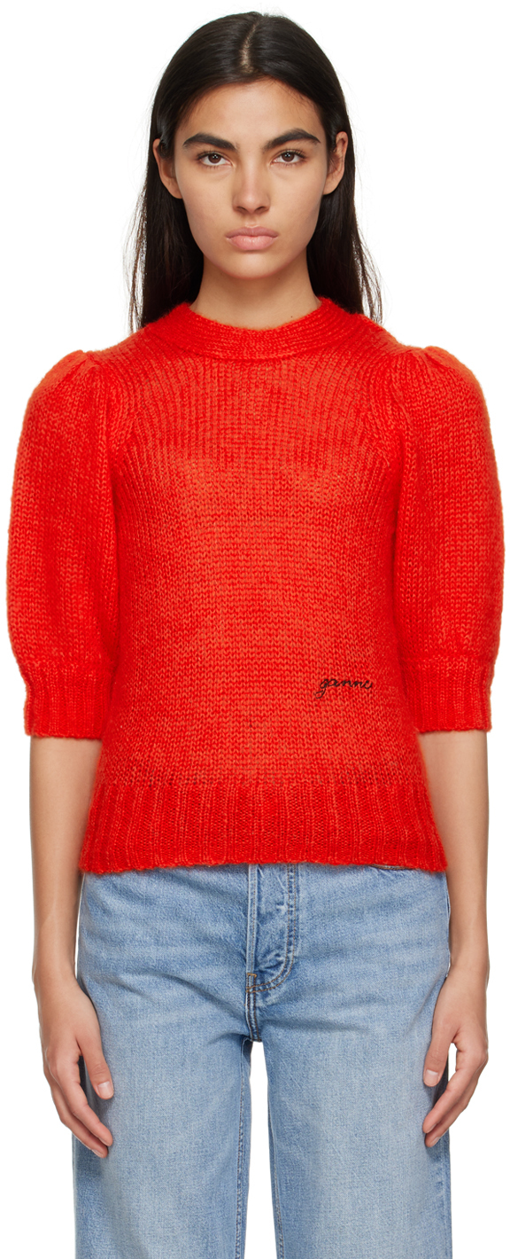 Ganni Red Embroidered Sweater In 847 Red Alert