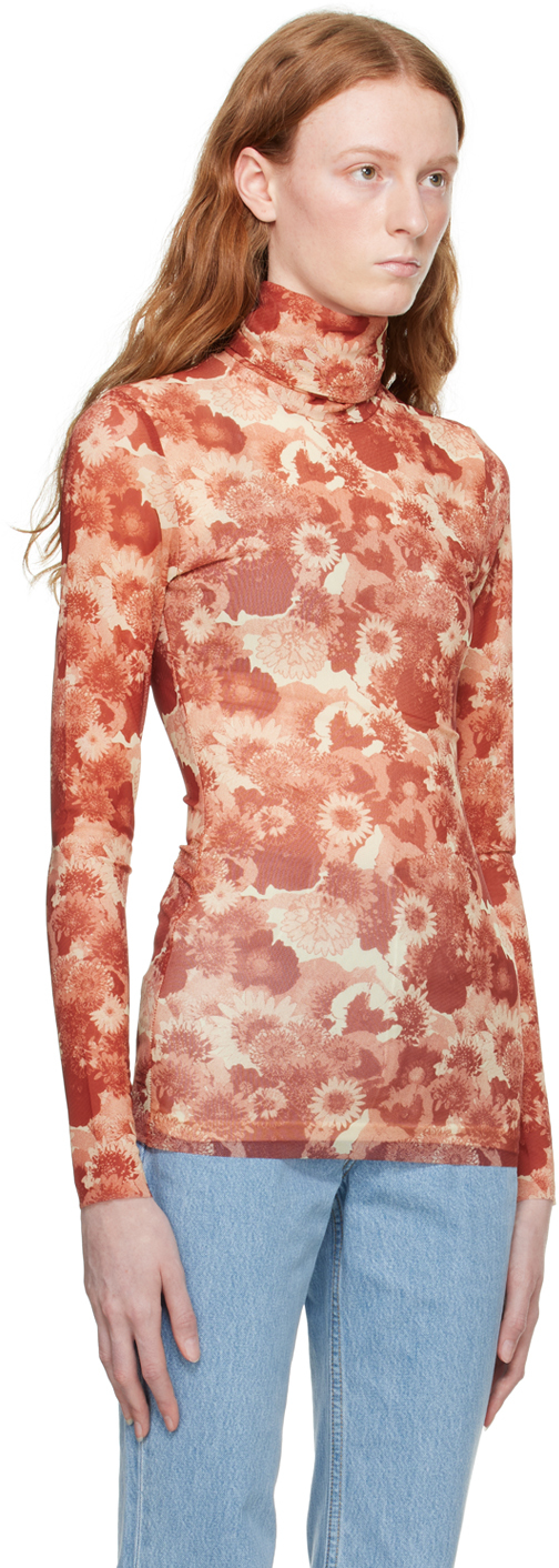 Ganni Floral Turtleneck Top In 485 Marsala