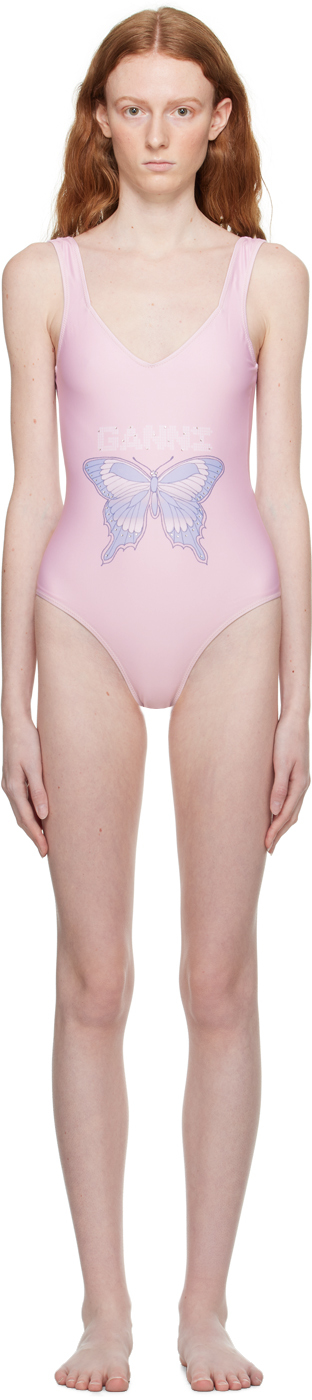 Shop Ganni Pink Printed Swimsuit In 428 Light Lilac