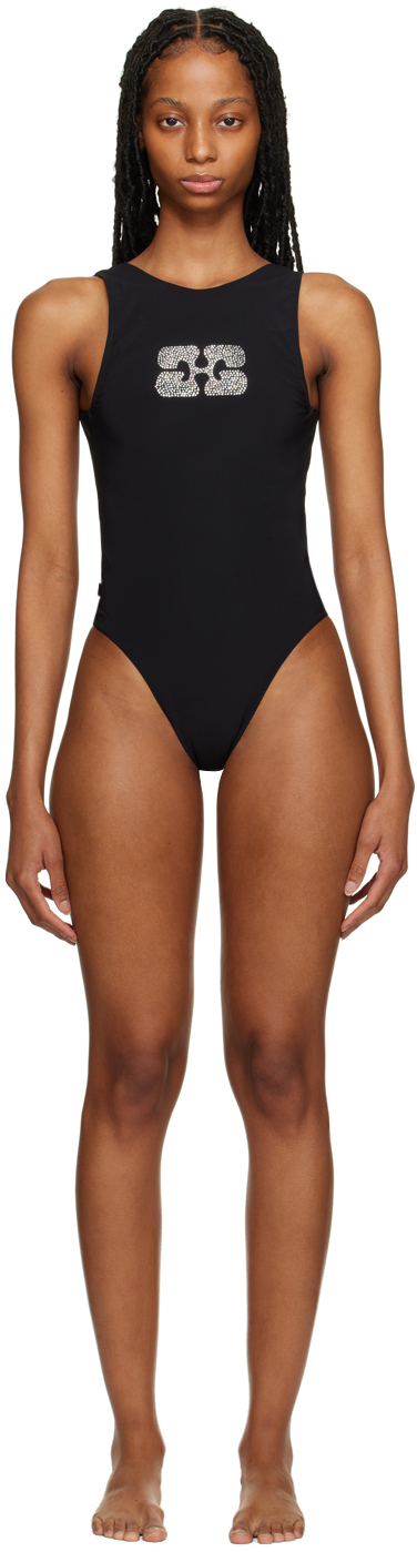 Ganni Sporty Matte Recycled Blend One-piece Swimsuit In Black
