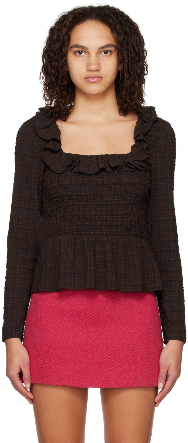 Ganni Brown Check Blouse In 979 Chicory Coffee