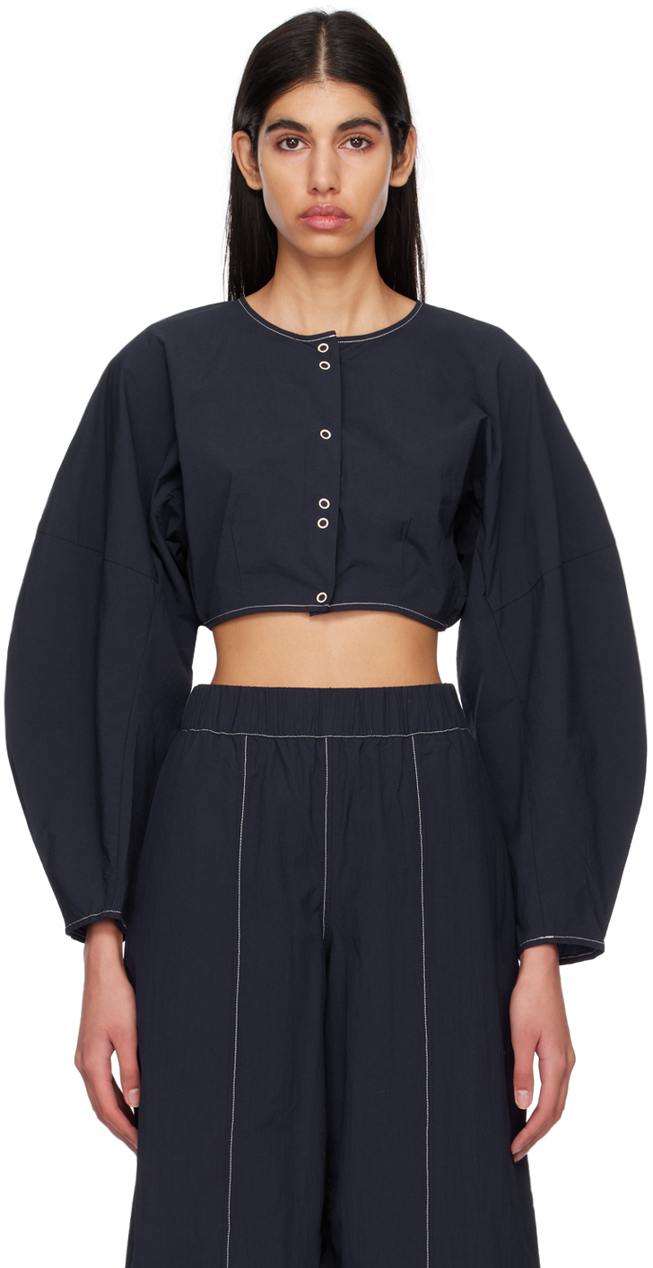 GANNI Navy Shaped Cropped Blouse