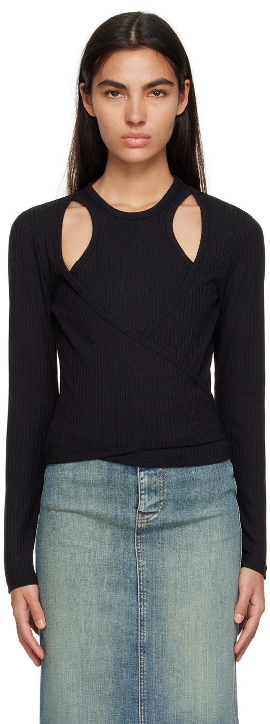Ganni Ribbed Jersey Wrap Blouse In Black