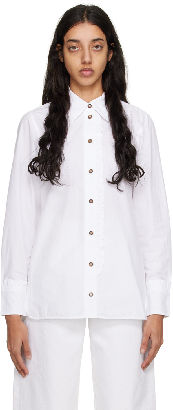 Shop Ganni White Ruffle Long Sleeve Shirt In 151 Bright White