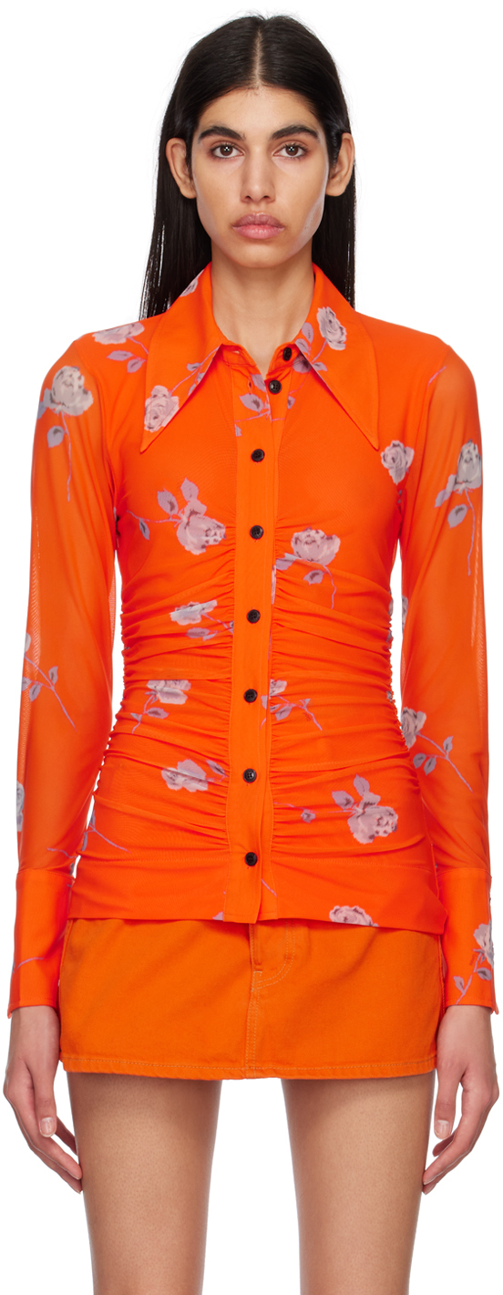 Shop Ganni Orange Printed Ruched Shirt In 493 Orangeade