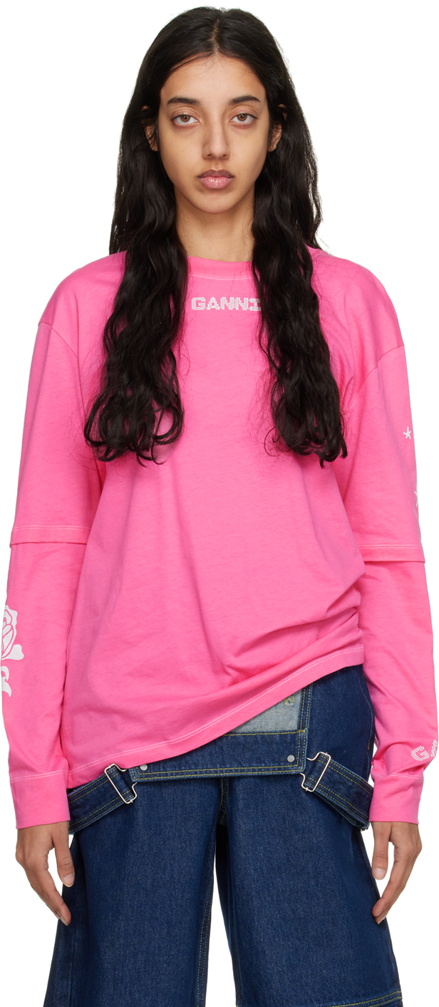 Ganni Layered Long-sleeve Graphic Tee In 483 Shocking Pink