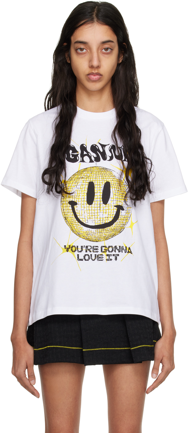 Ganni Disco Smiley-print Organic Cotton-jersey T-shirt In White