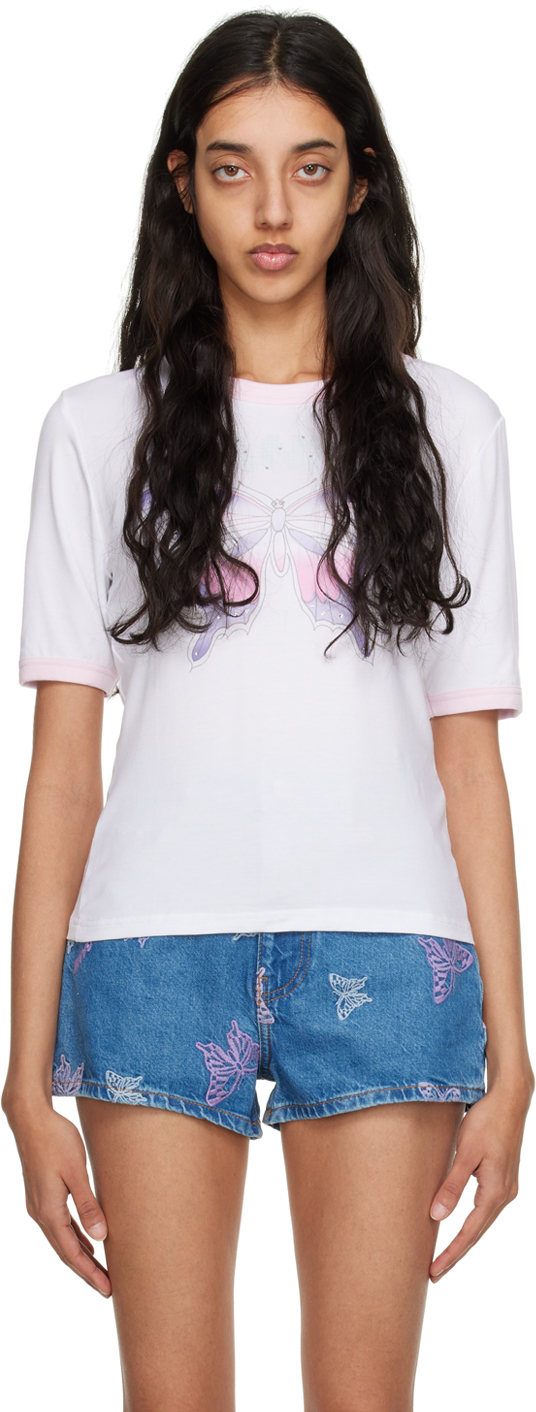 Ganni Stone Embellished Butterfly Print Crewneck T-shirt In White