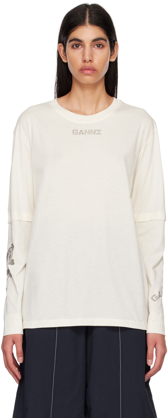 Shop Ganni White Printed Long Sleeve T-shirt In 115 Vanilla Ice