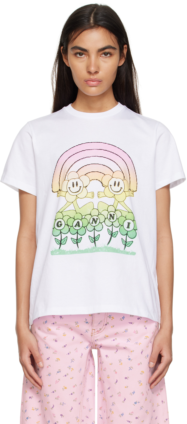 Ganni Short Sleeve Relaxed Rainbow T-shirt In White | ModeSens