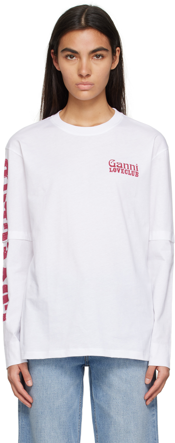 Ganni Layered Long Sleeve T-shirt In White