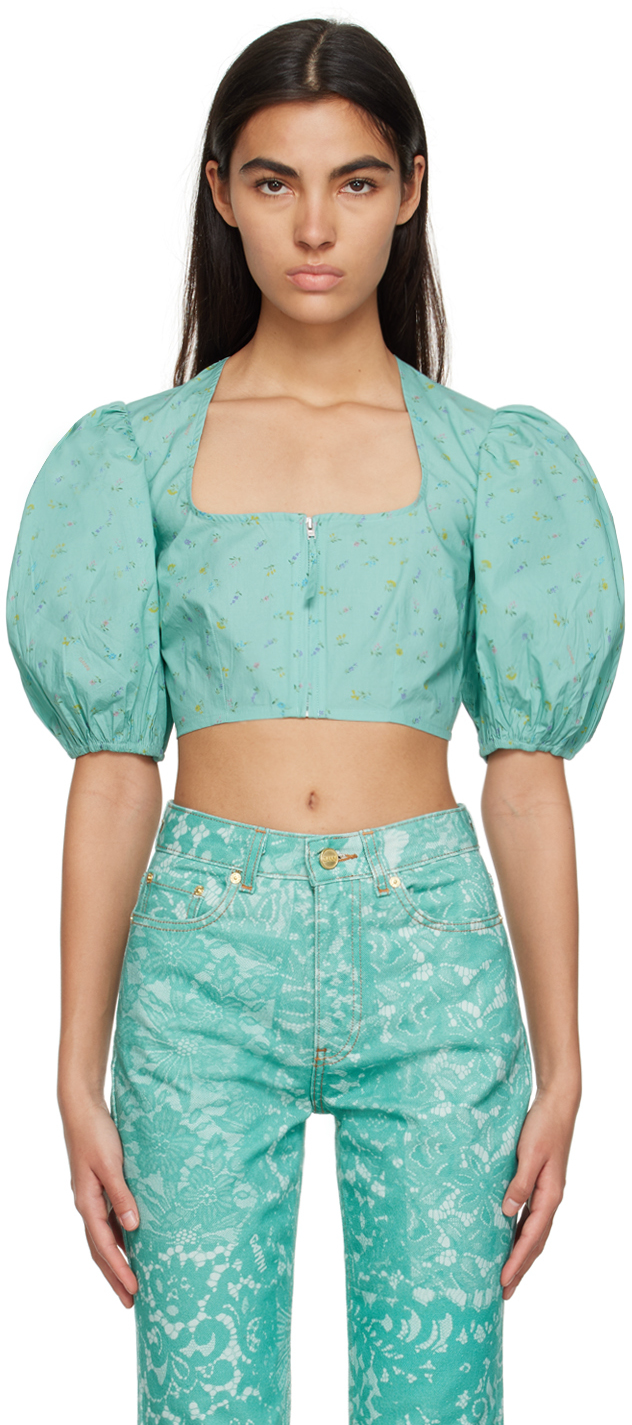 Ganni Printed Cotton Cropped Zipper Blouse In Canton Light Blue