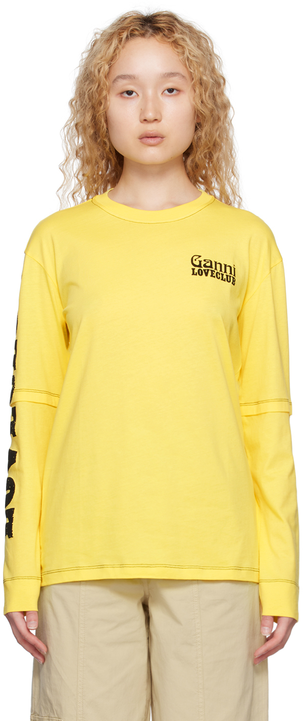 Shop Ganni Yellow Layered Long Sleeve T-shirt In 742 Lemon Zest