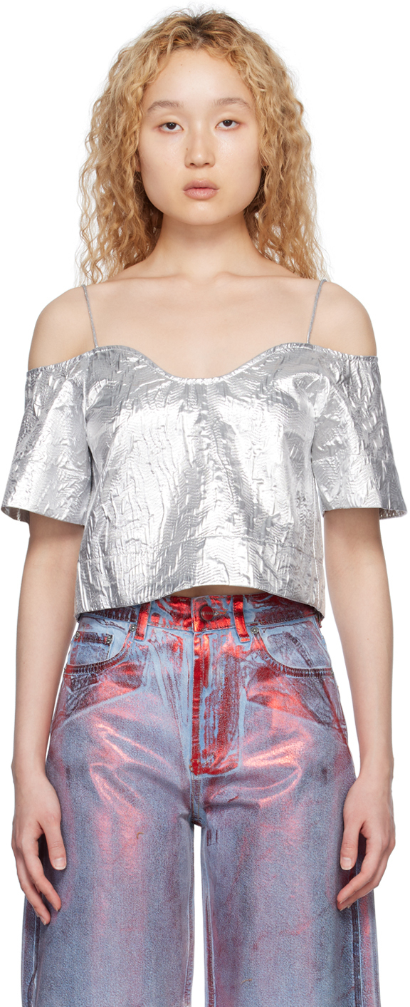 Ganni Silver Off-the-shoulder Blouse In 018 Silver