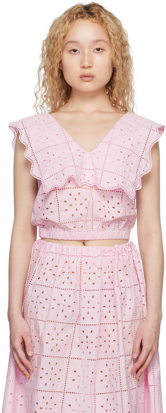 Ganni Broderie Anglaise Rhythm Collar Top In Pink