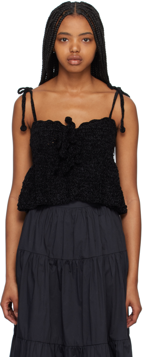 Ganni Front-tie Recycled-fibre Crochet Cropped Top In 099 Black