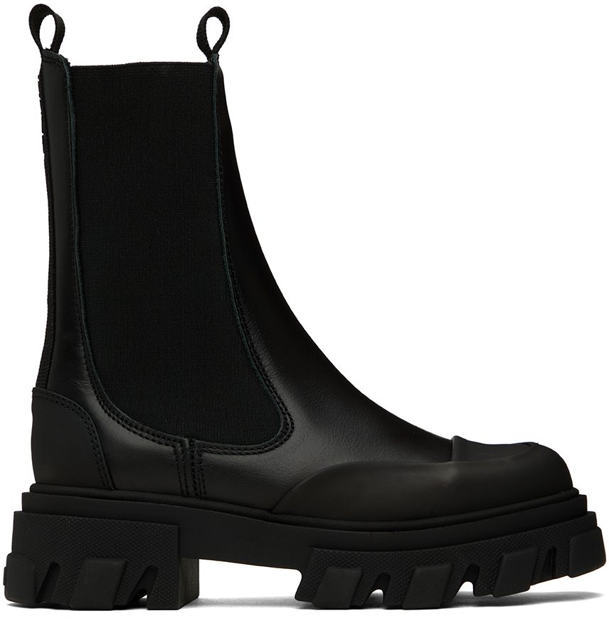 GANNI: Black Cleated Mid Chelsea Boots | SSENSE Canada