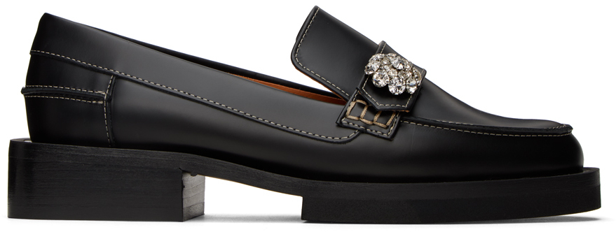 Shop Ganni Black Leather Loafers In 099 Black