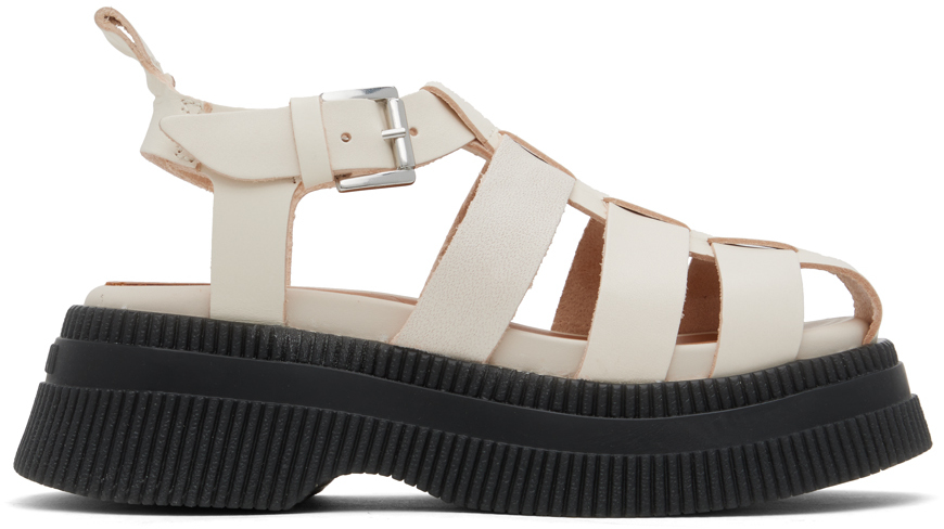 Shop Ganni Off-white Grid Sandals In 135 Egret
