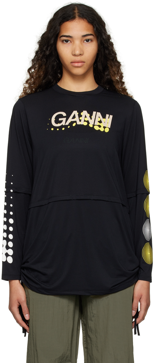 Ganni Black Active Layered Long Sleeve T-shirt In Black 099