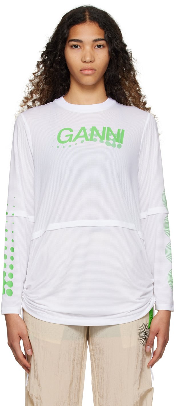 Ganni White Active Mesh Top In Bright White 151