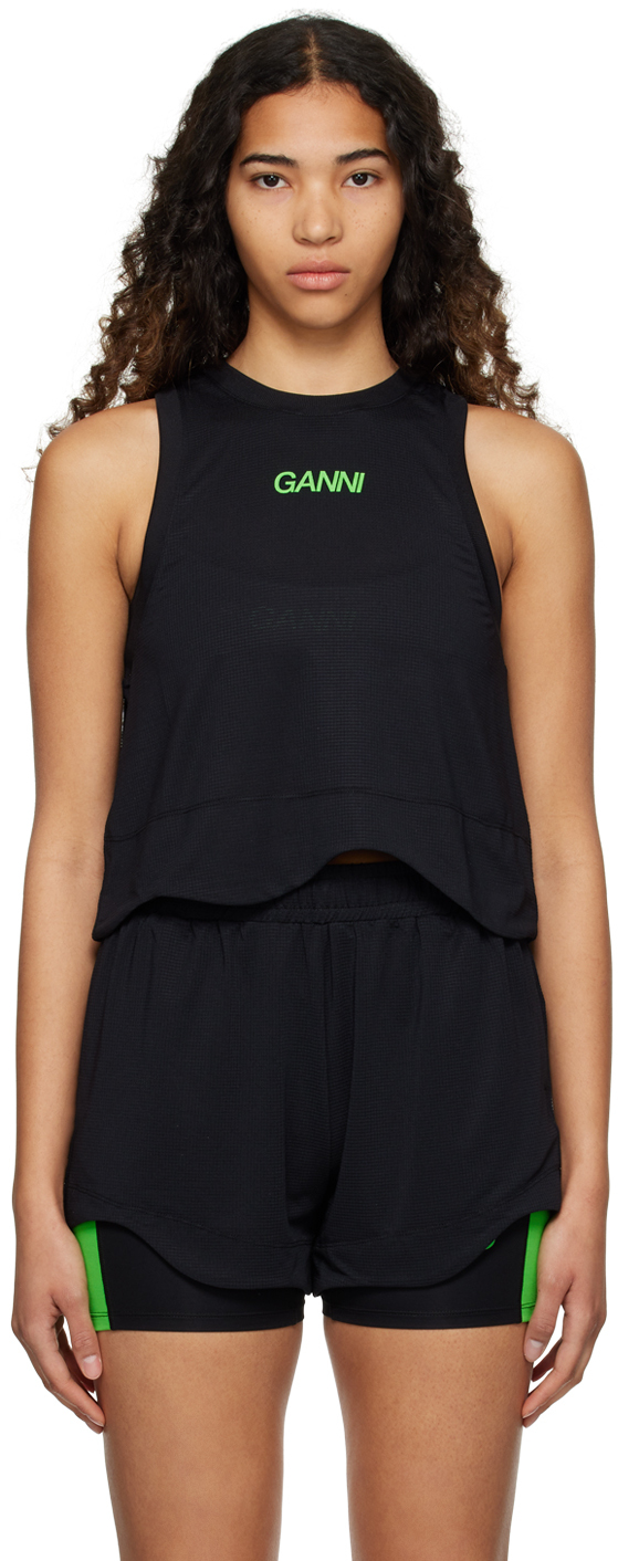 Ganni Cropped Printed Stretch Recycled-mesh Top In Black