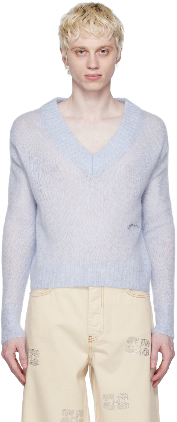 Ganni Blue Embroidered Sweater In Heather