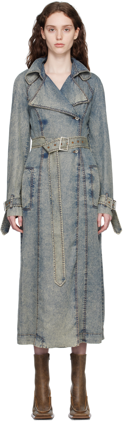 Knwls Double-breasted Denim Trench Coat In Washed Blue