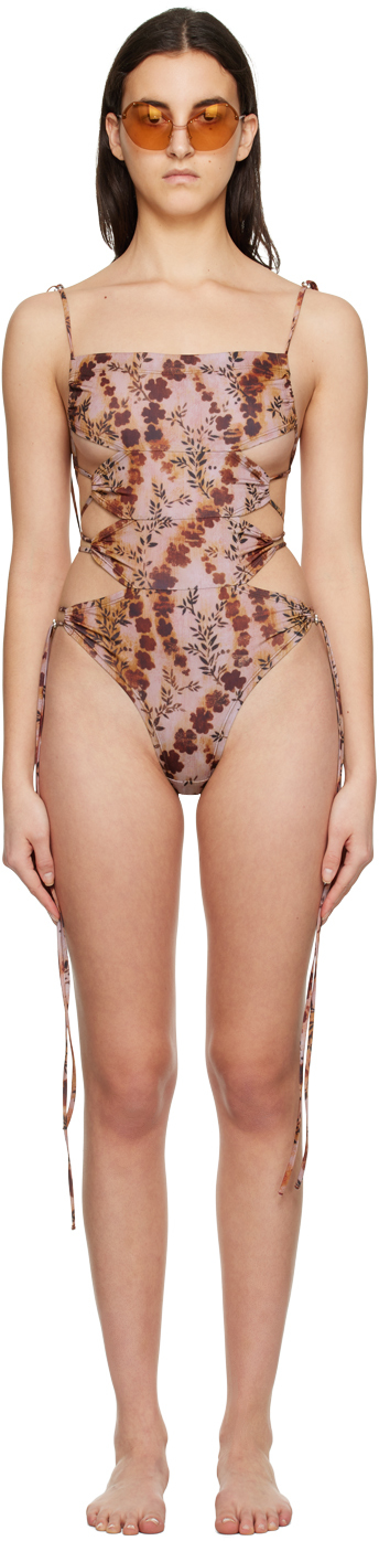 Knwls Ssense Exclusive Burgundy Ntica One-piece Swimsuit In Chain Floral