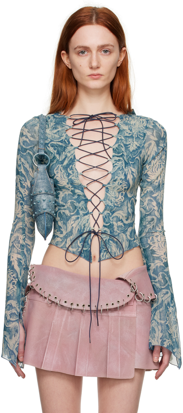Knwls Blue Lace-up Blouse In Spikewall