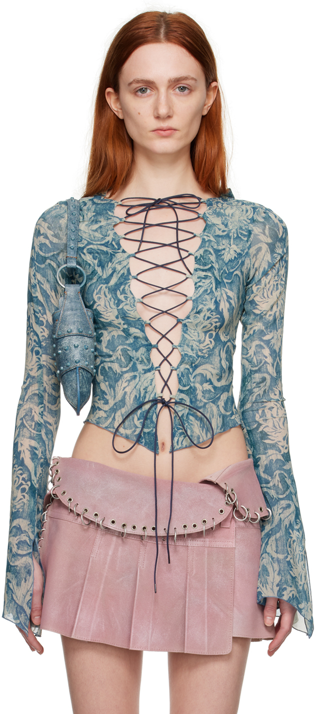 Blue Lace-Up Blouse