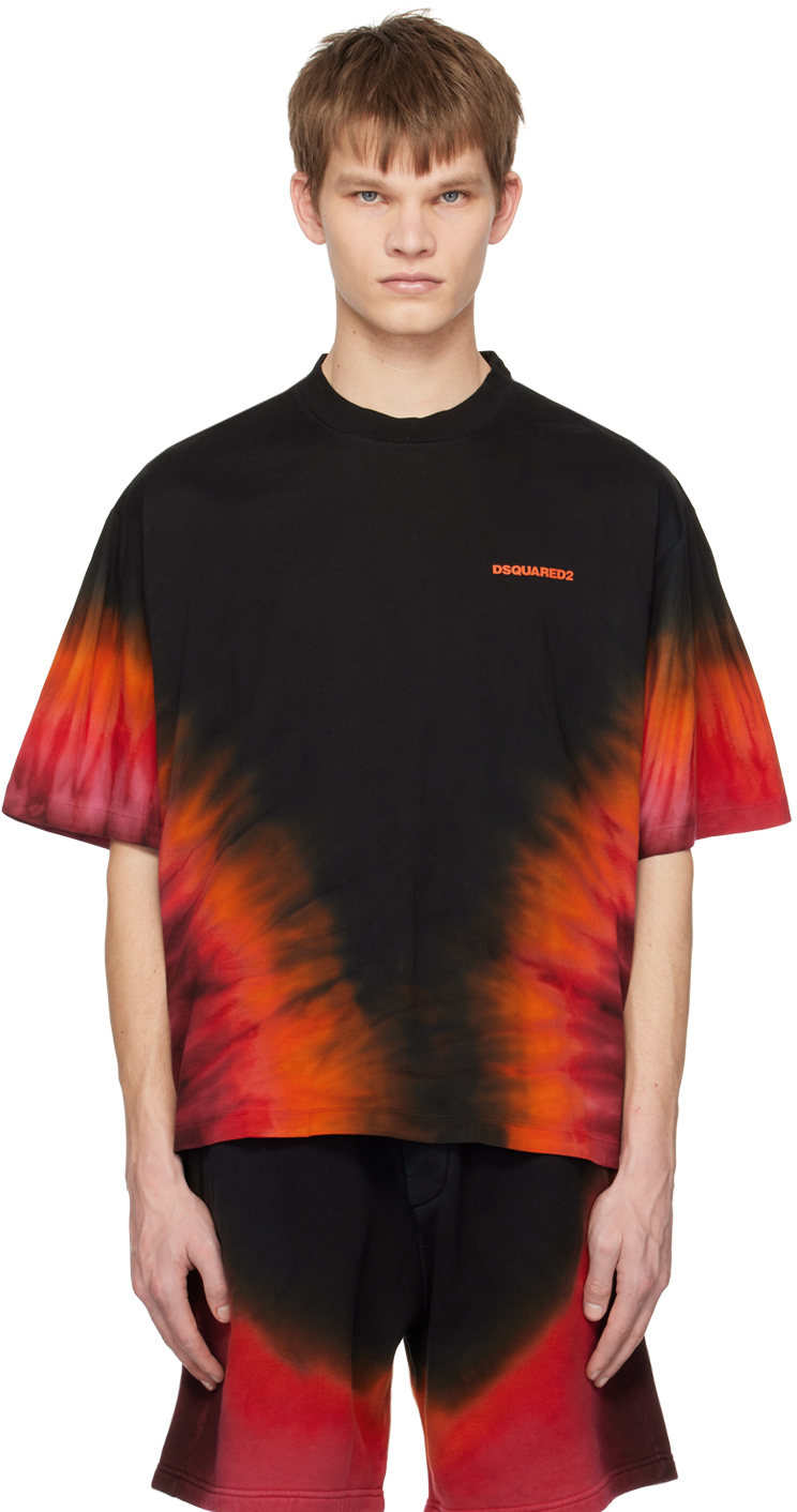 Dsquared2 D2 Flame Dropped Shoulder T-shirt In 966a Black-red-orang