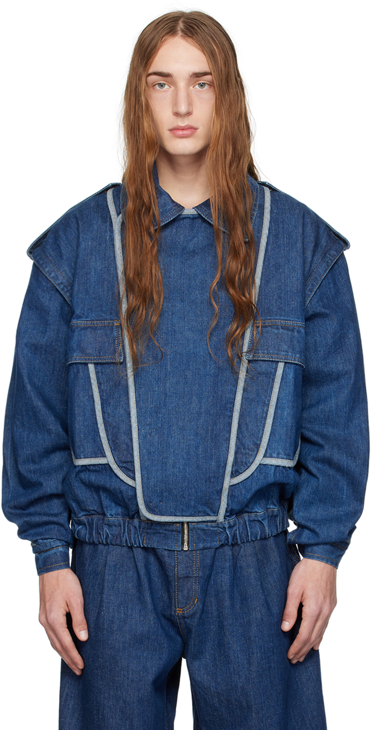 Situationist Navy Detachable Sleeve Denim Jacket In Dark Blue Jeans