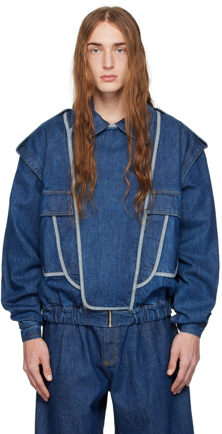 Navy Detachable Sleeve Denim Jacket by Situationist on Sale